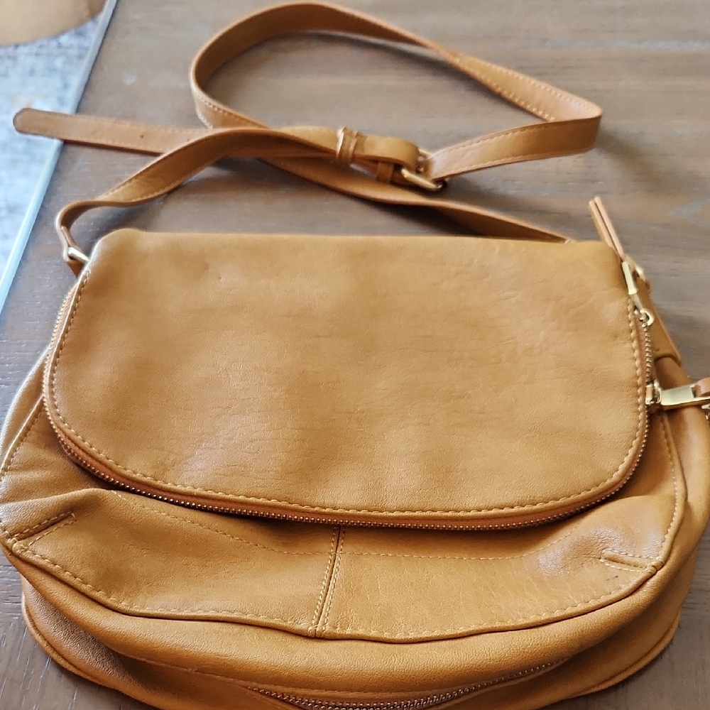 Mustard Golden Colored Leather Crossbody Bag